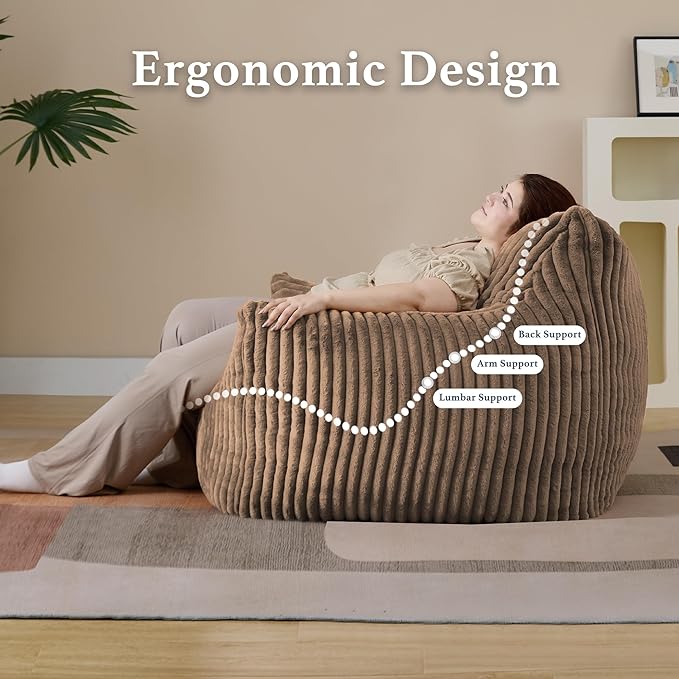 Giant Plush Bean Bag Chair for Adults with Armrests - Oversized Comfy Khaki Beanbag Lounge Lazy Floor Sofa Chair for Living Room, Bedroom & Dorm, Cozy Fluffy Single Cloud Mini Couch