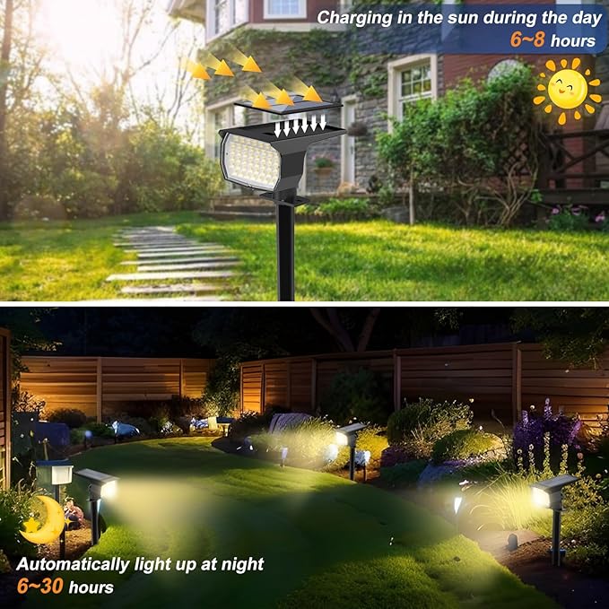 Solar Spot Lights Outdoor Waterproof IP65, 2 Pack Landscape Spotlights with 46 LEDs, 3 Modes Auto On/Off Solar Powered Flood Lights for Outside Pathway, Yard, Garden, Walkway (Warm White)