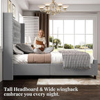 PaPaJet King Size Bed Frame with 61.4" Tall Headboard, Velvet Upholstered Platform and Handmade Deep Button Tufting, No Box Spring Required, Grey