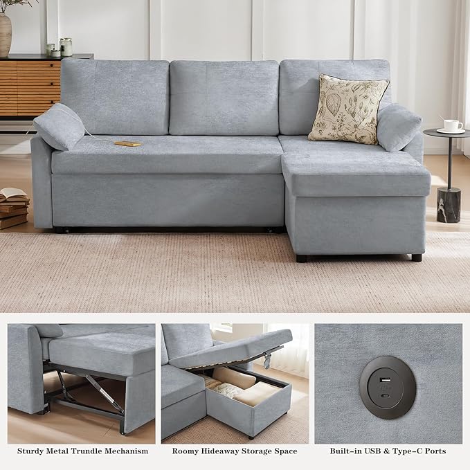 Waxberry Sectional Sofa Couch, Pull Out Couch Sleeper Sofa Bed with Storage for Living Room, Reversible Chaise, Side Pockets & Dual USB/Type-C Ports, Includes 1 Blanket, Grey