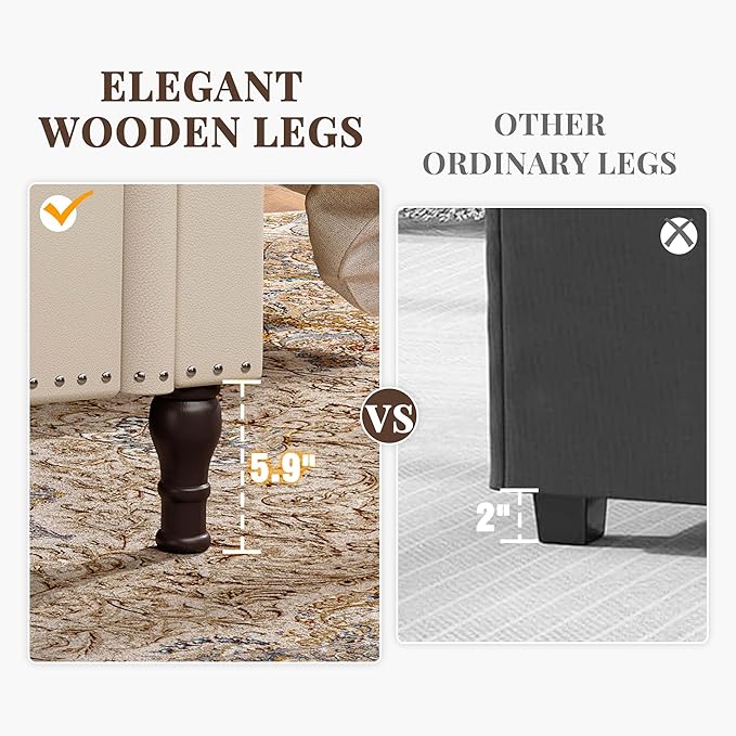 51" Storage Ottoman Bench for Bedroom, Full Queen Storage Bench with Button, Upholstered Bedroom Bench with Rolled Arms for Living Room, Storage Room, Entryway, Beige+Brown Legs