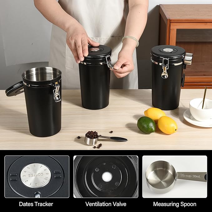 malmo Coffee Canister Set of 3, Airtight Coffee Container with Date Tracker Lid, Stainless Steel Canister for Kitchen Food Storage (Black, 180oz)
