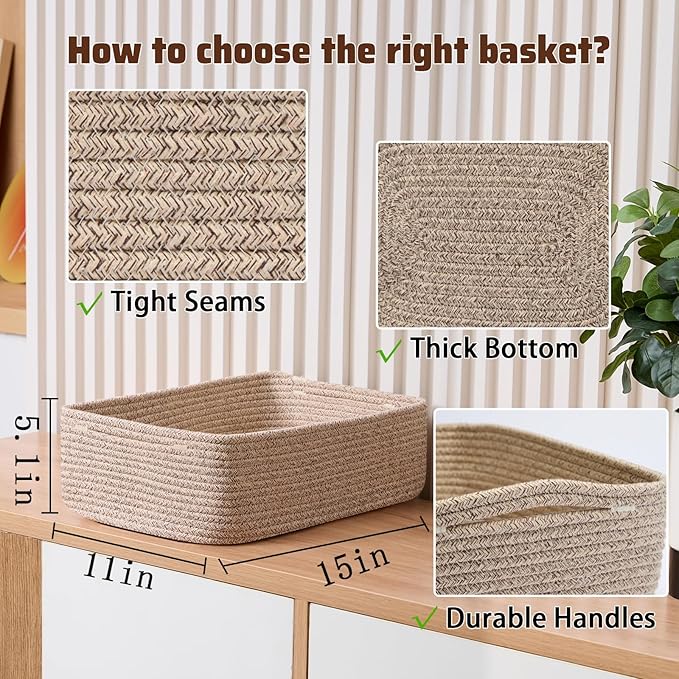 Large Shallow Organizing Baskets 15x11x5.1 Inches - Rope Woven Storage Bins for Bathroom, Shelves, Cube Closet, Mixed Brown 2 Packs