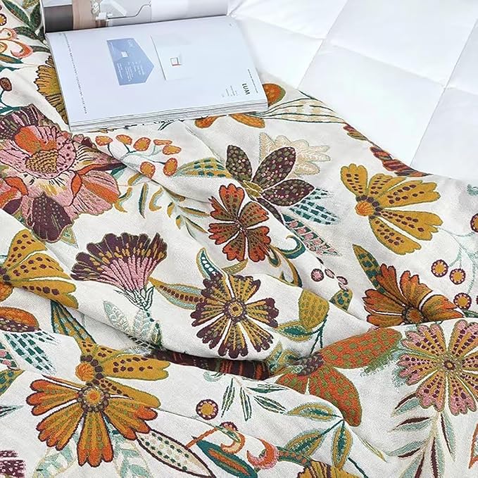 Boho Muslin Blanket for Adults 4-Layer Gauze Twin Size Soft Cozy 100% Cotton Summer Cooling Blanket Colorful Floral Decor for Sofa Bed Coverlet Both Sides (A Summer Floral, Twin 60 x 80 in)