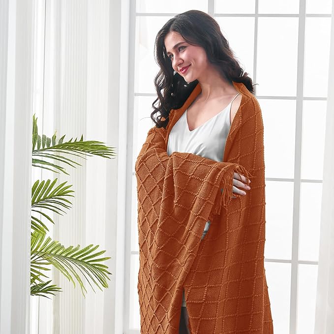 inhand Knitted Throw Blankets for Couch and Bed, Soft Cozy Knit Blanket with Tassel, Orange Rust Lightweight Decorative Blankets and Throws, Farmhouse Warm Woven Blanket for Men and Women, 50"x60"