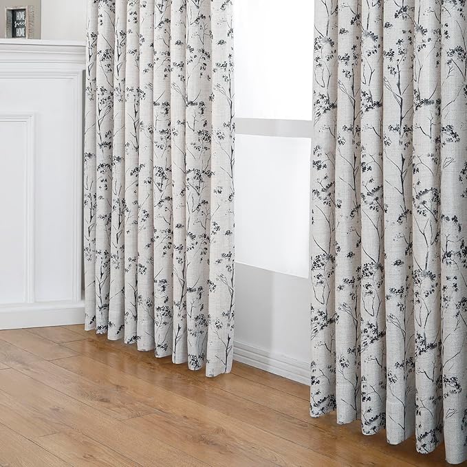 Pinch Pleated Floral Linen Curtains 2 Panels Elegant Light Filtering Privacy Drape,72 Inch Wide by 96 Inch Long Curtains Suitable for Living Rooms and Bedrooms