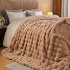 Lotus Karen Queen Size Faux Fur Blanket Khaki - Big Bubble Rabbit Fluff Blanket for Bed, Large Fluffy Fuzzy Cozy Blanket, Thick Furry Plush Shaggy Blankets, 90x90 Inches
