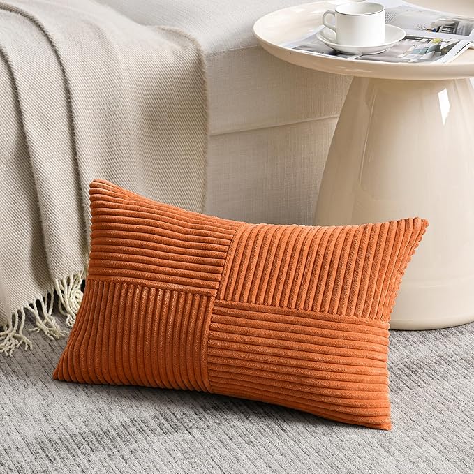 Fancy Homi 2 Packs Burnt Orange Lumbar Decorative Throw Pillow Covers 14x24 Inch for Couch Bed Sofa, Farmhouse Boho Home Decor, Soft Striped Corduroy Rectangle Accent Cushion Case 35x60 cm