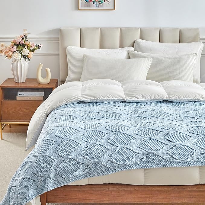 Longhui bedding Chunky Cotton Knit Throw Blanket for Couch, Sofa, Bed, or Chair, Decorative Breathable Fall Cable Knit Blanket 51 x 63 Inches, Light Blue