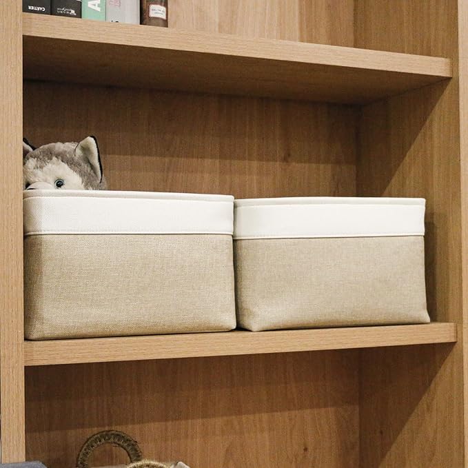 Storage Bins Large Fabric Storage Baskets for Shelves 3 Pack, Decorative Linen Closet Baskets with Handles for Organizing, Shelf, Clothes, Home, Office, 15x11x9.5Inches (Beige&White)