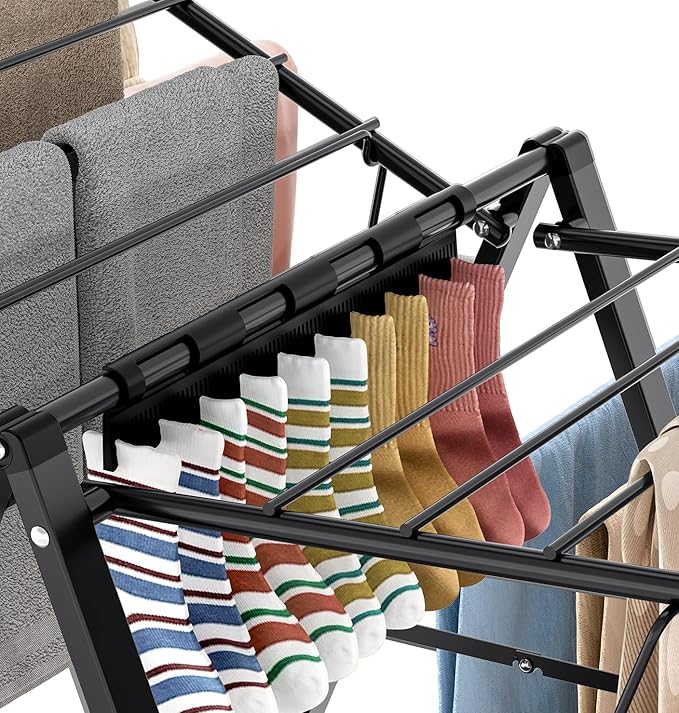APEXCHASER Foldable Clothes Drying Rack, Metal Laundry Drying Rack Collapsible, Ultra Thin Clothes Rack for Sweater Bra Towel for Indoor & Outdoor Use, Height Adjustable Gullwing Clothes Airer, Black