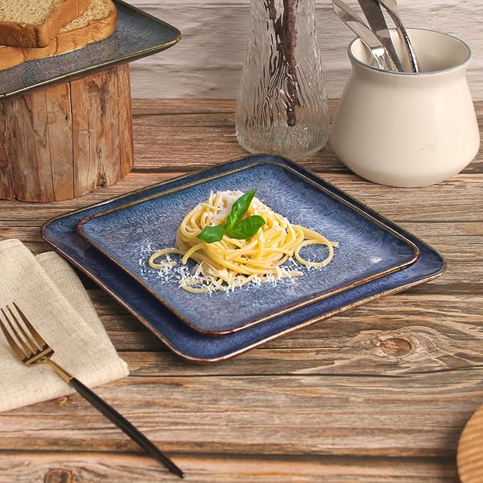 Ceramic Dinner Plates Dish Set, Set of 4, Microwave Oven and Dishwasher Safe, Scratch Resistant, Dinnerware Kitchen Porcelain Serving Dishes Blue, 9 inch Square plate
