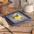 Ceramic Dinner Plates Dish Set, Set of 4, Microwave Oven and Dishwasher Safe, Scratch Resistant, Dinnerware Kitchen Porcelain Serving Dishes Blue, 9 inch Square plate