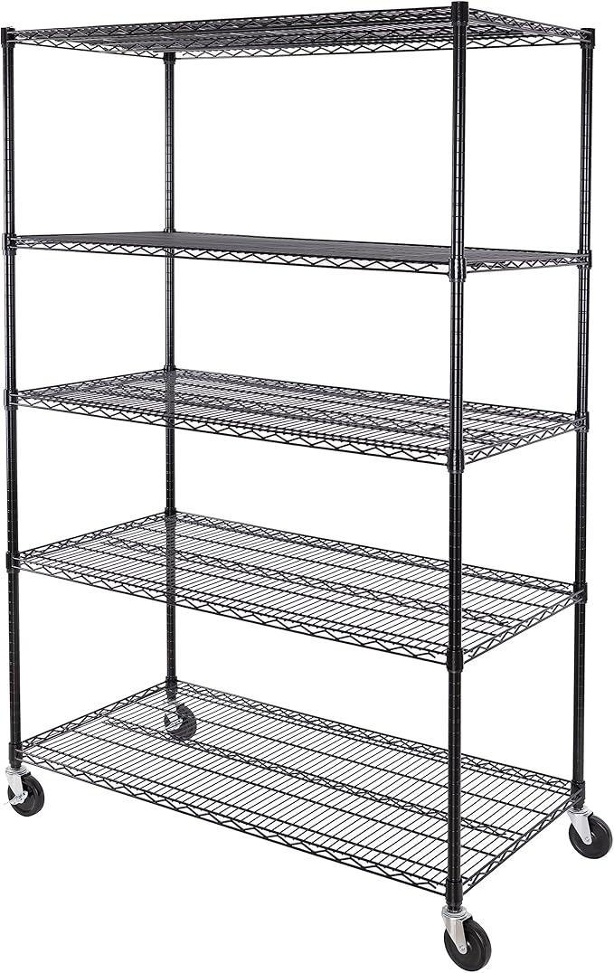 Seville Classics UltraDurable Heavy Duty NSF Solid Steel Wire Rack Storage Unit, Organizer for Garage, Warehouse, Office, Restaurant, Classroom, Kitchen, Black, 5-Tier Shelving, 48" W x 24" D