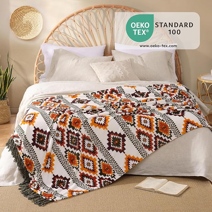 CASAAGUSTO Boho Throw Blanket - Orange and Green Decorative Blankets with Tassel, Printed Flannel Bohemian Blanket for Chair, Bed, Sofa, Couch(50 * 60, Orange and Green)