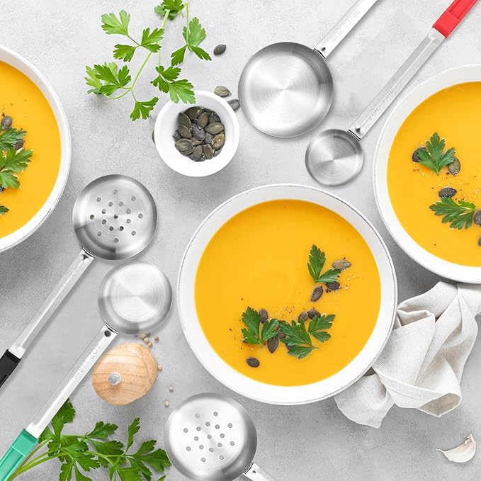 16 Pcs Portion Control Serving Spoons, Restaurant Measuring Serving Ladle Utensils, Portion Control Slotted Scoops for Weight Loss, Solid and Perforated Scoops(4 Colors,4 Sizes)