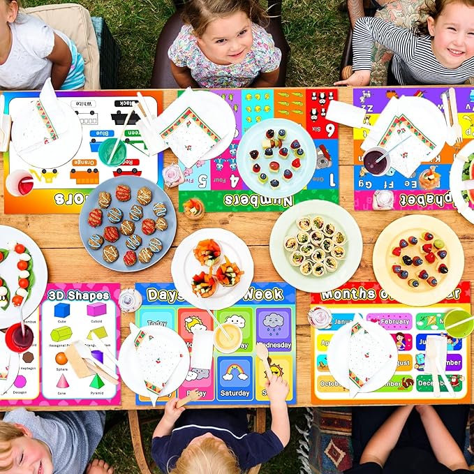 Educational Preschool Placemats for Kids Set of 6 Reusable Plastic Toddler Placemat Non Slip Washable Children Montessori Eat Table Mat for Nursery Homeschool Kindergarten Classroom Dining Table