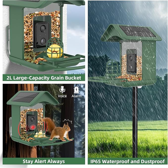 Smart Bird Feeder with Camera, AI Species Identify, Dual Solar Powered Birdfeeder Cam for Outside IP65 with 2.4GHz WiFi, 2K HD Auto Capture Birds Video for Bird Lover (Green)