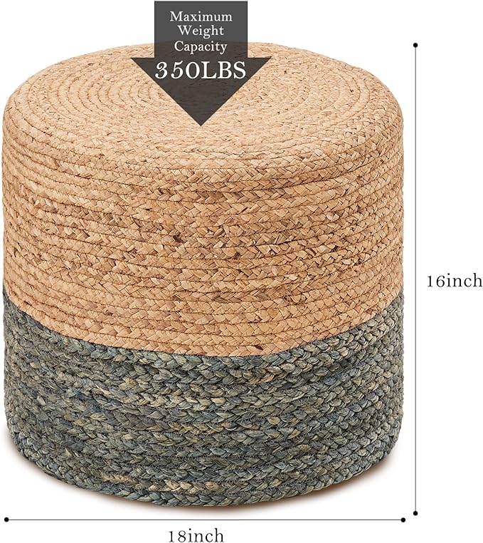 Wimarsbon 18'' Ottoman Pouf, Natural Braided Poof, Rustic Handweave Lounge Pouffe, Boho Footrest Stool for Bedroom, Accent Table or Seat for Living Room (Dusty Blue)
