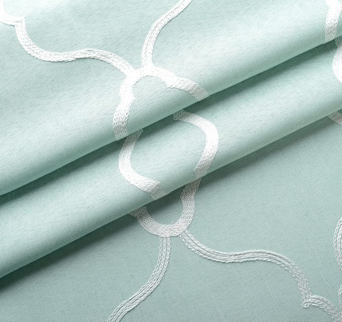 MIUCO Moroccan Embroidery Semi Sheer Curtains Faux Linen Grommet Panels for Living Room 52 x 84 Inch 2 Panels Set, Subtle Green