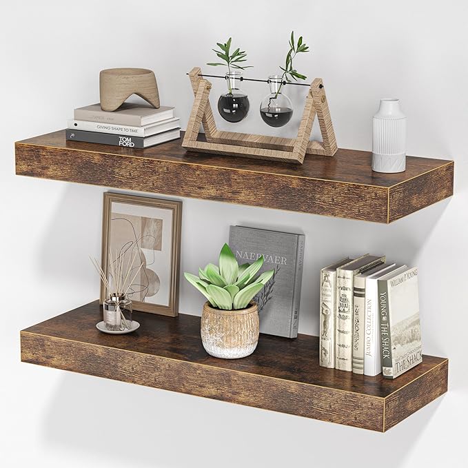 Floating Shelves for Wall, 24"W x 6.7"D x 1.5"H, Wooden Wall Mounted Display Shelf with Invisible Brackets for Living Room, Bedroom, Bathroom, Kitchen Decor and Storage, Set of 2, Rustic Brown