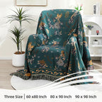 Boho 100% Organic Cotton Large Throw Blanket 50" x 60" - All Season Rustic Ultra Soft Breathable Floral Bird Blanket for Bed Sofa Couch Chair Bedspread Quilt Gift-Teal,Beige
