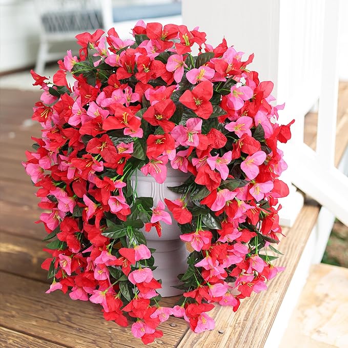 Faux Bougainvillea Artificial Flowers Plants for Outdoors Outside Decoration, 2pcs Fake Flowers Silk Long Trailing Vines UV Resistant Realistic for Front Door Porch Planter Urn Patio Balcony Yard, Mix