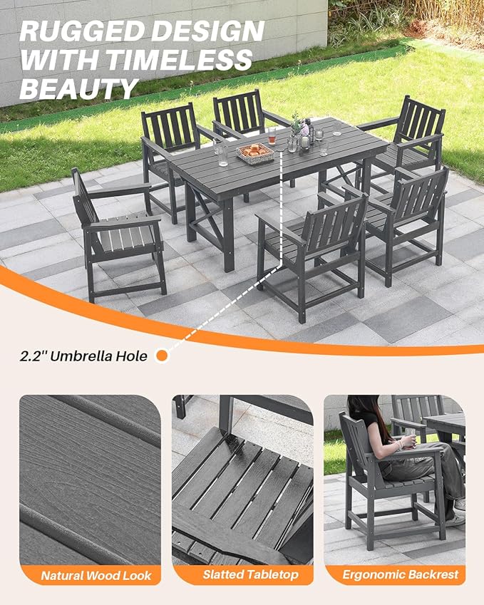 HDPE Patio Dining Set, 5-Piece Outdoor Table and Chairs with Umbrella Hole, Modern Outdoor Dining Set for 4, HDPE Outdoor Patio Furniture Dining Sets for Deck, Poolside, Porch, Smoke Gray
