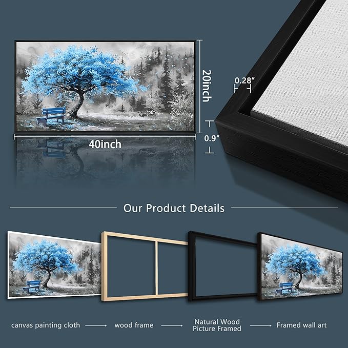 ZUITINGHUA Black Framed Canvas Wall Art For Living Room Wall Decor For Bedroom Office Wall Decoration Blue Tree Landscape Painting Black And White Picture Artwork Room Aesthetic Home Decor 20x40 In