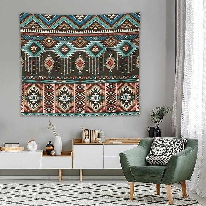 HZOHNAGO Aztec Tapestry Turquoise Blue and Brown and Native American Tribal Pattern Printed Wall Tapestry Wall Hanging for Bedroom Living Room Dorm 60" W x 50" H