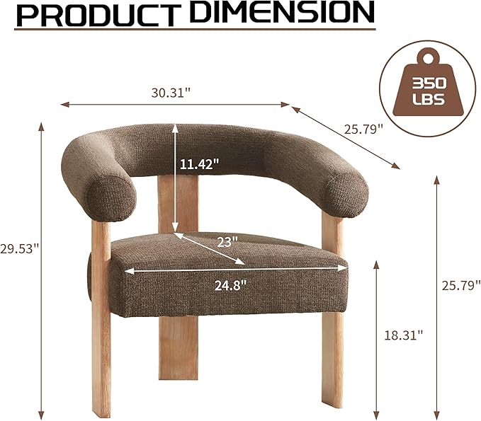 VKNOW Accent Chair Living Room Chair, Modern Upholstered Armchair with Solid Wood Legs, Comfy Barrel Arm Chairs for Living Room Bedroom, Brown