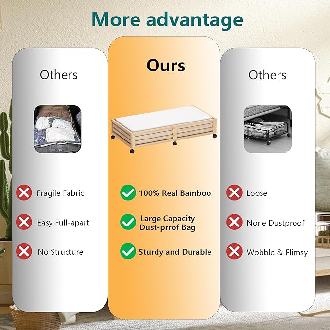 Bamboo Under Bed Storage Containers- Underbed Organizer with Wheels with Large Dust Bag,Sturdy Wood Rolling Under the Bed Shoe Storage Organizer Drawer 2 Packs (Nature, Long)