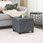 Adeco 17.5" Square Fabric Ottoman with Storage, Upholstered Cotton Linen Foot Rest, Flip Top Footstool, Small Cube Coffee Table Extra Seat for Living Room, Bedroom, Grey with Rolling Legs