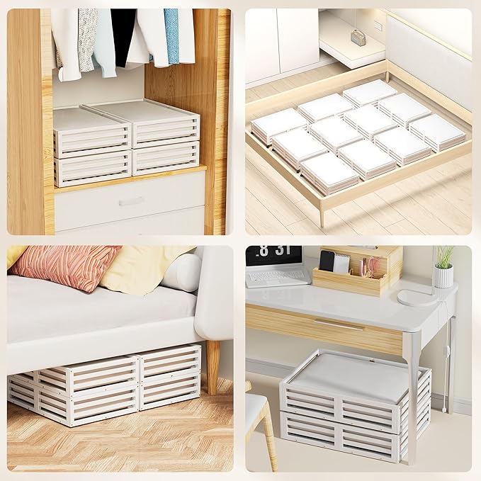 Bamboo Under Bed Storage Containers- Underbed Organizer with Wheels with Large Dust Bag,Sturdy Wood Rolling Under the Bed Shoe Storage Organizer Drawer 2 Packs (White, Small)