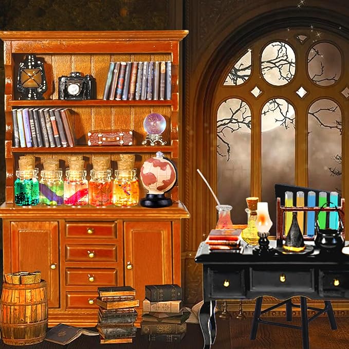 Rileryan 54 Pcs 1:12 Scale Magic Witchy House Kit Miniature Furnitures Accessories Mini Wooden Bookshelf Bookcase 30 Mini Books Desk Chair Halloween Decoration