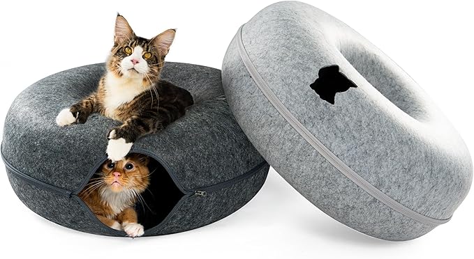 Cattasaurus Peekaboo Cat Cave, Extra Spacious for Multiple & Large Cats 12+ lbs, Scratch Detachable Beds for Indoor Cats, Washable Tunnel Bed, Comfy Cat Donut Tunnel (Light Gray+Dark Gray, Jumbo)
