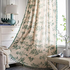 Sutuo Home Boho Curtain 84 Inches Length for Bedroom, Printed Cotton Linen Rod Pocket Semi Blackout Farmhouse Bohemian Tassels Window Treatment for Living Room, 1 Panel 59" W x 84" L, Green Forest