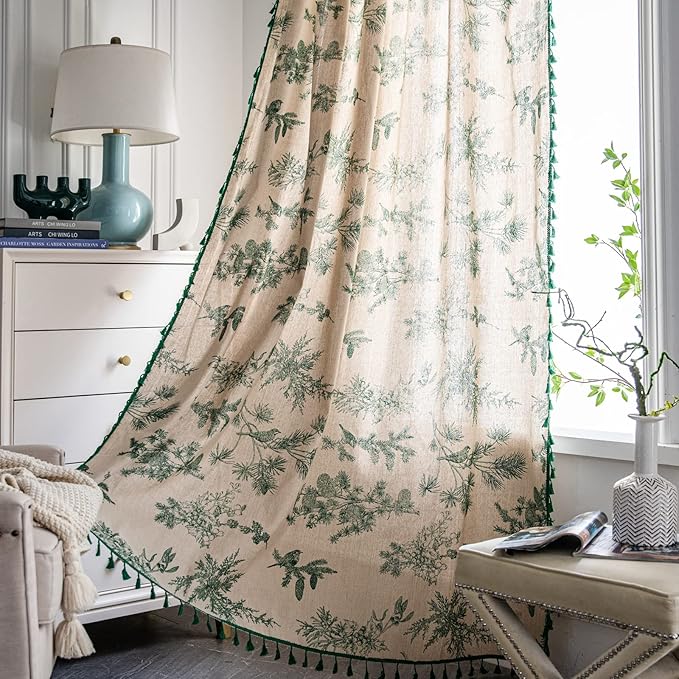 Sutuo Home Boho Curtain 84 Inches Length for Bedroom, Printed Cotton Linen Rod Pocket Semi Blackout Farmhouse Bohemian Tassels Window Treatment for Living Room, 1 Panel 59" W x 84" L, Green Forest