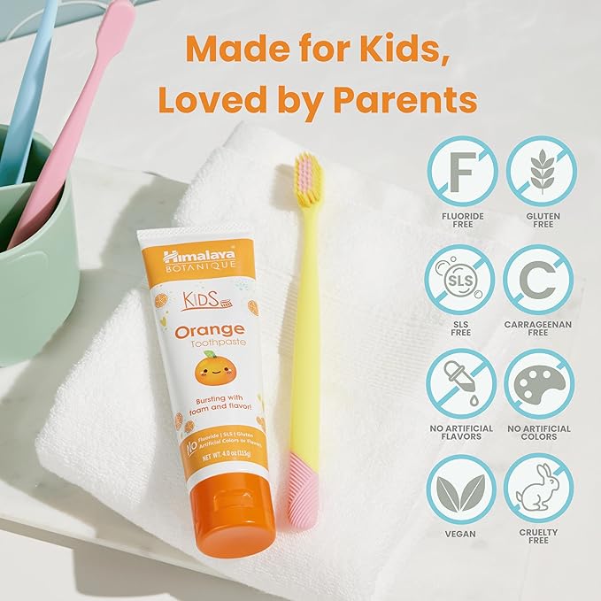 Himalaya Botanique Kids Toothpaste, Herbal, Orange Flavor, Fights Plaque, Fluoride Free, Gentle, No Artificial Flavors or Colors, SLS Free, Gluten Free, Cruelty Free, Vegan, Foaming, 4 Oz, 2 Pack…