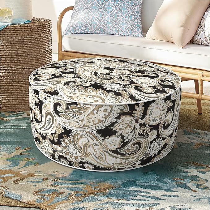 Inflatable Ottoman Stool D21 xH9 for Outdoor/Indoor Use, Water Repellent Patio Foot Rest Stool with Portable Handle,Round Pouf Ottoman Suitable for Garden,Deck and Camping - Paisley Black