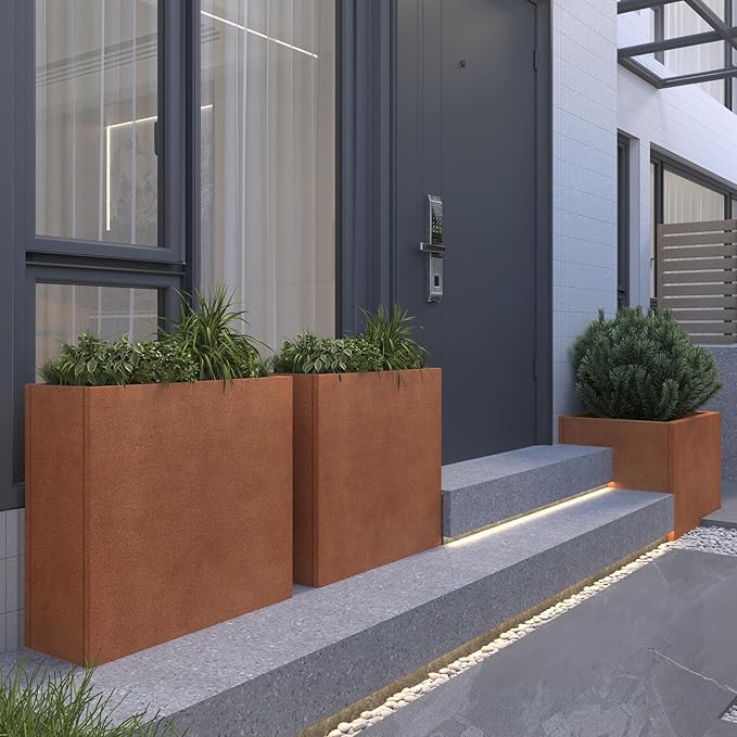 Galvanized Steel Metallic Heavy Planter for Outdoor Plants Metal Outdoor Planter Spliced Flower Box with Partitions for Outside,Indoor,Garden (Corten, 24 * 10 * 24)
