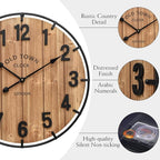 Large Old Town Farmhouse Wall Clock 24 Inch Rustic Antique Wood with Metal Circle and Large Numerals Silent Battery Operated Wall Clock for Office Kitchen Bedroom Living Room