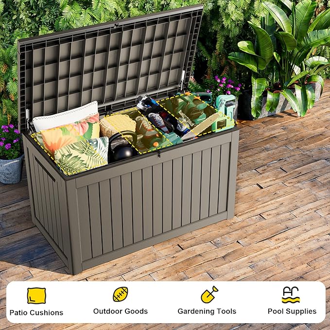 230 Gallon Outdoor Deck Box,Storage Lockable Waterproof Patio Furniture,Garden Tools,Cushions,Pool Accessories Outside Storage Resin Box(Grey)