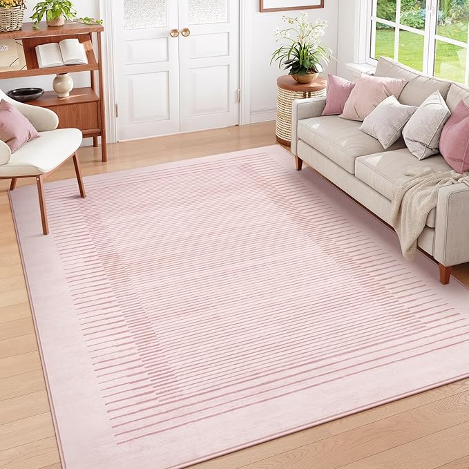 Wonnitar Striped Large Rugs for Living Room, Washable 9x12 Area Rugs for Bedroom, Non-Slip Soft Minimalist Pink Area Rug Throw Carpet for Nursery Playroom Guest Room (Pink,9' x 12')