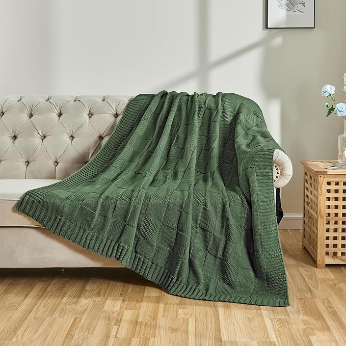 CozeCube Knit Throw Blanket,Christmas Green Checkered Bedroom Blanket for Couch,Soft Cozy Warm Knitted Blanket for Bed Sofa Living Room,Decorative Spring Fall Throw Blanket 60"X80",Christmas Green