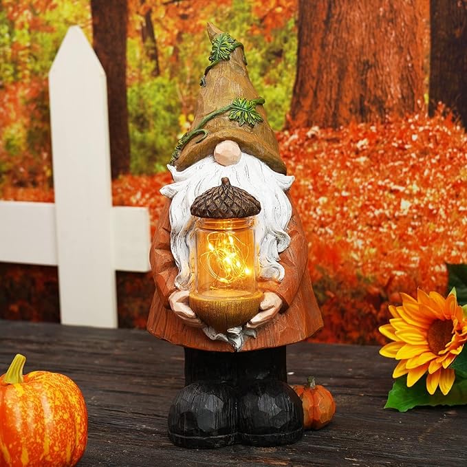 Topadorn Fall Garden Gnome Statue Light, Autumn Harvest Gnome Figurine with Pine Cone on Hand for Fall Harvest Party Thanks, Autumn Thanksgving Gifts for Famliy