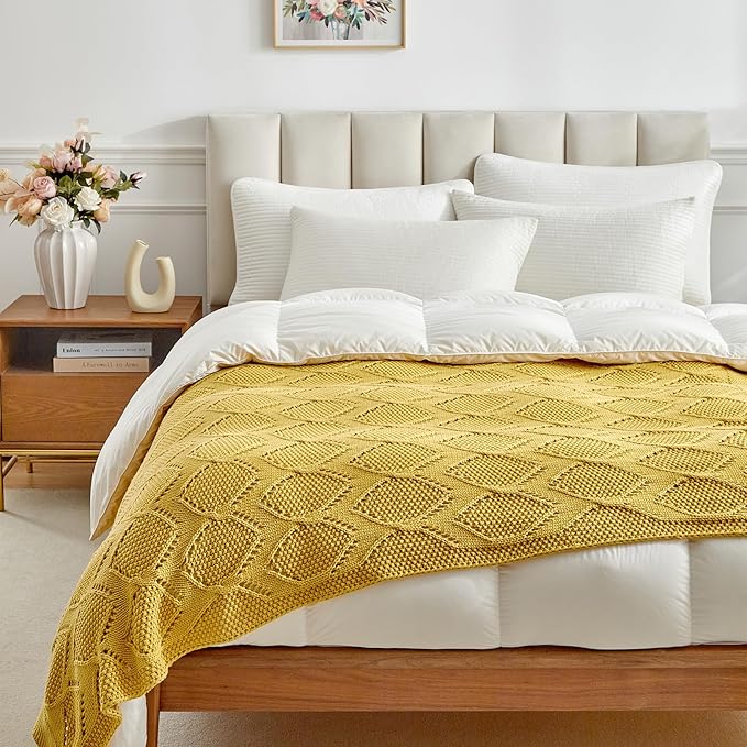 Longhui bedding Chunky Cotton Knit Throw Blanket for Couch, Sofa, Bed, or Chair, Decorative Breathable Fall Cable Knit Blanket 51 x 63 Inches, Medium Weight Mustard Yellow