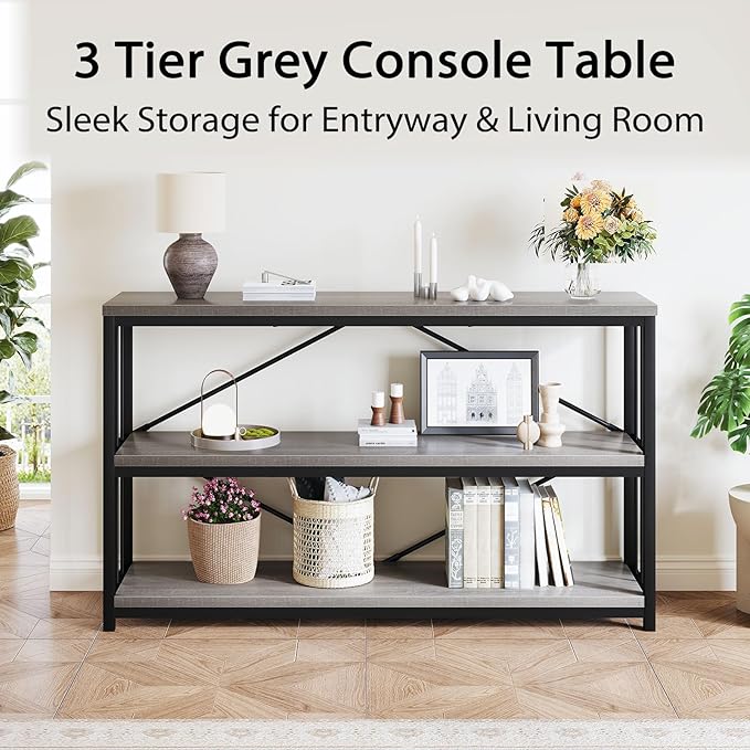 LVB Farmhouse Entryway Table, Metal Wood Console Table for Hallway, Industrial Rustic Sofa Table with 3-Tier Storage Shelf, Modern Entry Table for Foyer Front Home Living Room, Light Grey Oak, 47 inch