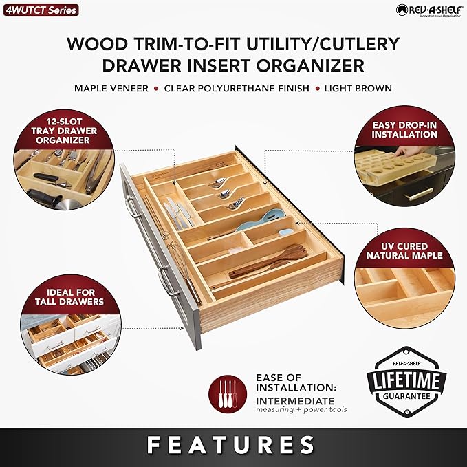Rev-A-Shelf Trim-to-Fit Silverware Drawer Organizer For Kitchen Utensils, Cutlery Cabinet Storage Divider Insert, 33" x 22", Maple Wood, 4WUTCT-36-1