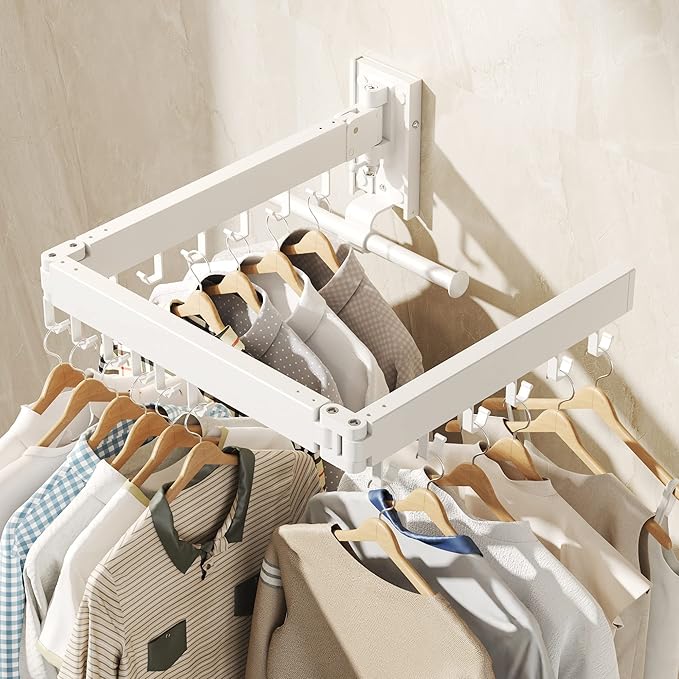 Wall Mounted Clothes Hanger Rack, Clothes Drying Rack,Laundry Drying Rack,Collapsible Clothes Rack Wall Mount, Retractable Drying Rack Clothing,can Fold Upward & Left & Right,White Color